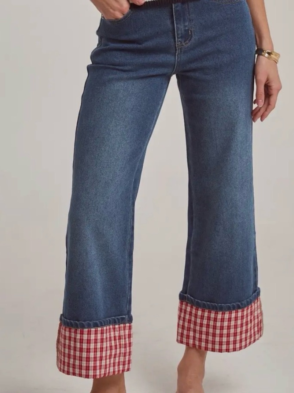 Women’s Blue Wide-Leg Jeans with Red Plaid Cuffs